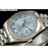 Rolex DayDate II 41mm Swiss Automatic Watch-White Dial Blue Roman Numeral Markers-Stainless Steel Presidential Bracelet