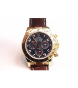 Rolex Daytona Swiss Automatic Watch-Gold Case, Black Dial-Brown Leather Strap