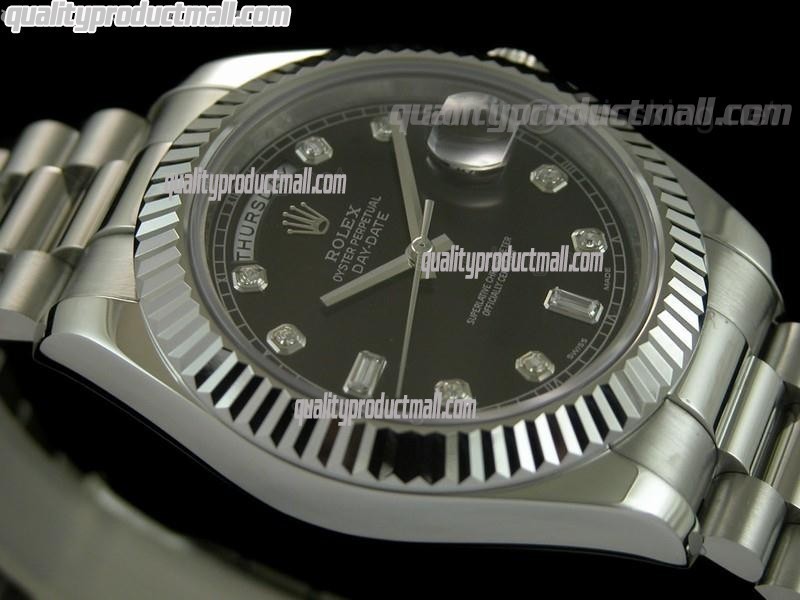 Rolex DayDate II 41mm Swiss Automatic Watch-Black Dial Diamond Hour Markers-Stainless Steel Presidential Bracelet