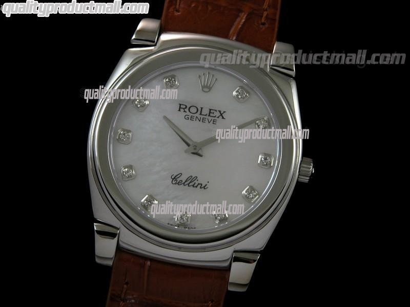 Rolex Cellini Swiss Quartz Watch-MOP White Dial Diamond Hour Markers-Brown Leather strap
