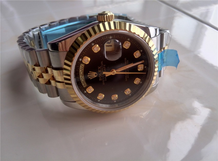 Rolex Day Date Automatic Swiss Watch 18K Gold-Black Dial Diamond Markers-Stainless Steel Jubilee Bracelet