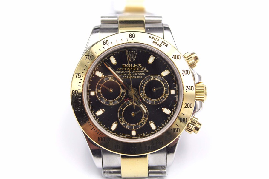 Rolex Daytona Swiss Automatic Watch-Gold Ring, Black Dial-Gold Midlink Bracelet